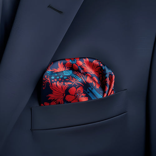 Onlewo 'Singapore Orchid' silk pocket square gift box — powder blue velvet box 16cm x 11cm x 2.5cm tied with black Onlewo branded satin ribbon, with story card