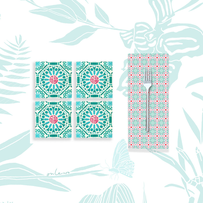 ‘福 ABUNDANCE – KUEH TILE’ Coasters & Napkins Gift Set