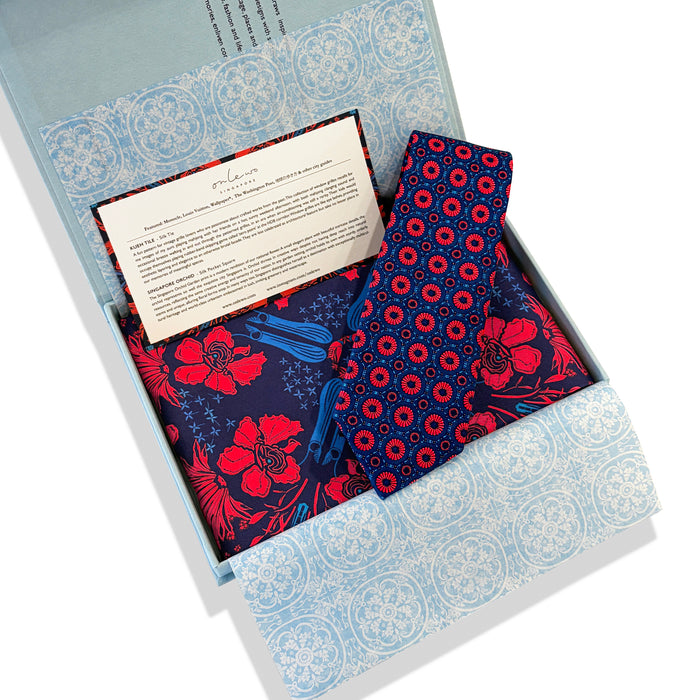 'KUEH TILE & SINGAPORE ORCHID' Silk Tie & Pocket Square Gift Set