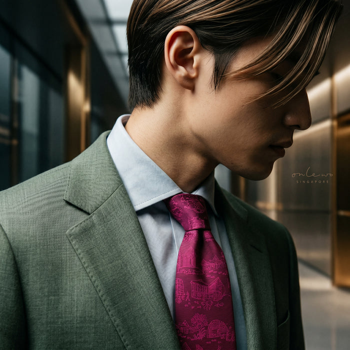 Onlewo 'City in the Garden' silk tie styled — elegant tropical Singapore cityscape on 100% silk, 7cm width, designed by Mike Tay