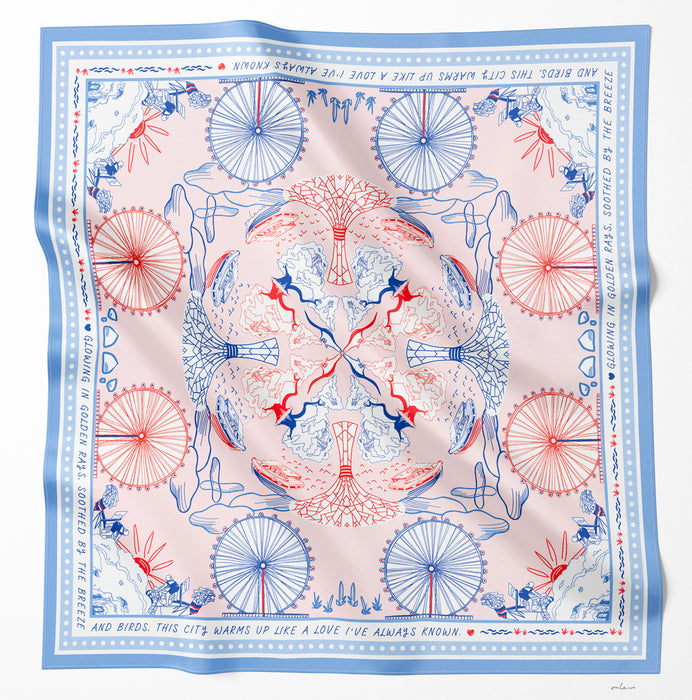 Onlewo 'Downtown' 90cm mulberry silk scarf — iconic Singapore Downtown landmarks including National Gallery, Gardens by the Bay and Marina Bay skyline