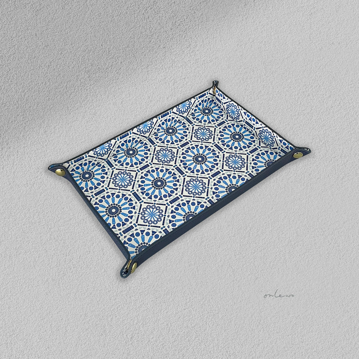 Onlewo 'Kueh Tile' genuine leather valet tray — 22cm x 13cm with kaleidoscopic Singapore kueh pattern featuring kueh tutu, pineapple tart, ondeh-ondeh and more