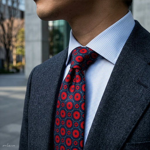 Onlewo 'Kueh Tile' silk tie styled — colourful local kueh motifs on 100% silk, 7cm width, designed by Mike Tay