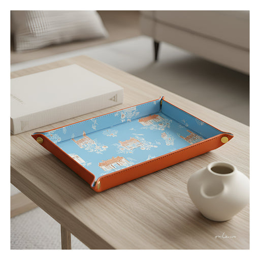 Onlewo 'Our Singapore Dream' leather valet tray styled — historic Telok Ayer district landmarks on genuine leather, Singapore-designed corporate gift by Onlewo