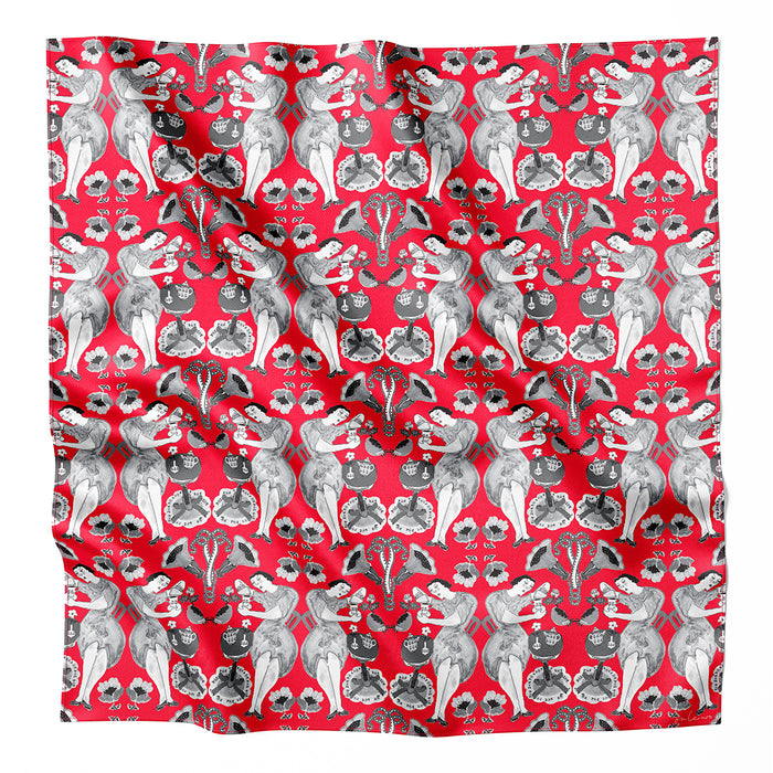 Onlewo 'Peranakan Rhapsody' 90cm mulberry silk scarf — bibik in cheongsam by peony garden design, collaboration with Singapore artist Martin Loh