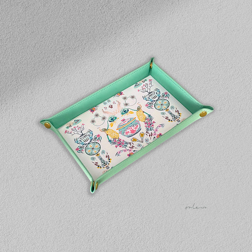 Onlewo 'Peranakan Story' genuine leather valet tray — 22cm x 13cm with Kamcheng, Kasut Manek and peacock motifs from Singapore Peranakan Museum archives