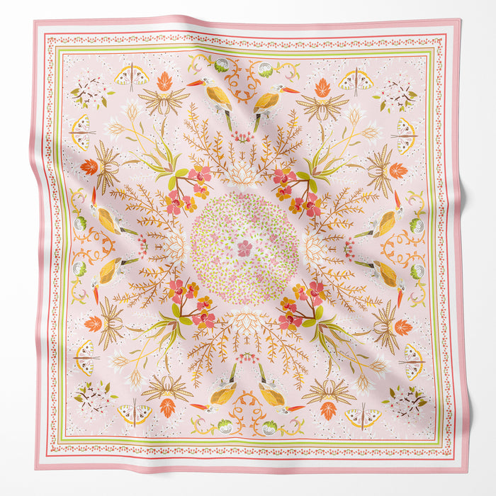 Onlewo 'Singapore - A City in Nature' 90cm mulberry silk scarf — Kingfisher and tropical flora design celebrating Singapore as a city in nature