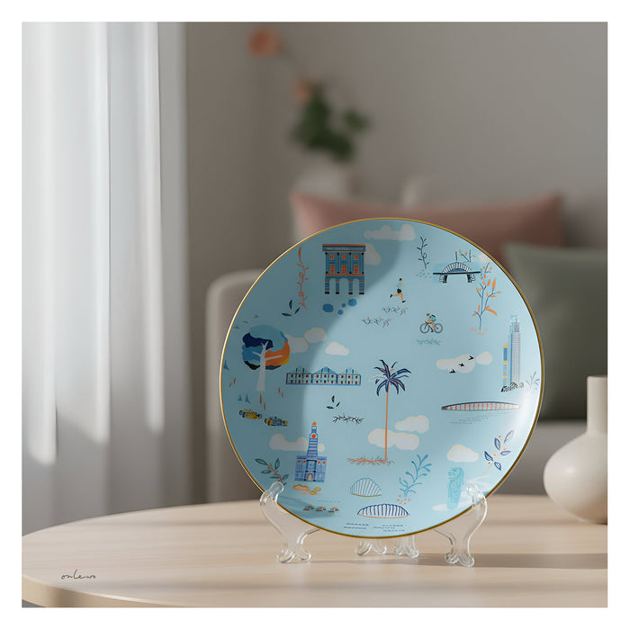 Onlewo 'Singapore River' bone china plate gift box — powder blue velvet square box tied with black Onlewo branded satin ribbon, ready for gifting.
