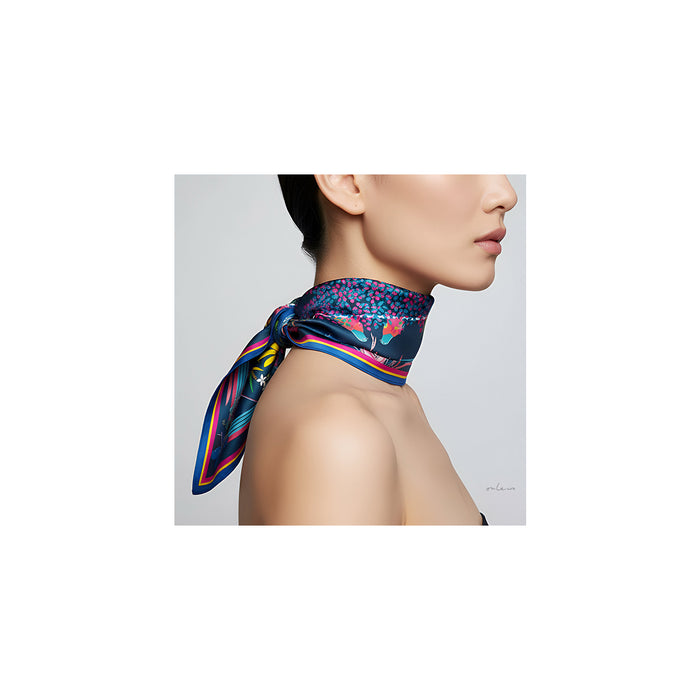 Onlewo 'Dazzling Singapore' silk scarf styled — Singapore Kopsia, Millenia excelsa and native flora pattern with Singapore-shaped white flowers, 100% mulberry silk