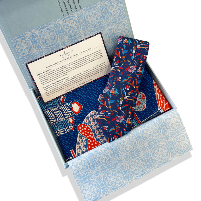 'ORCHID BATIK & COLOURFUL SINGAPORE' Silk Tie & Pocket Square Gift Set