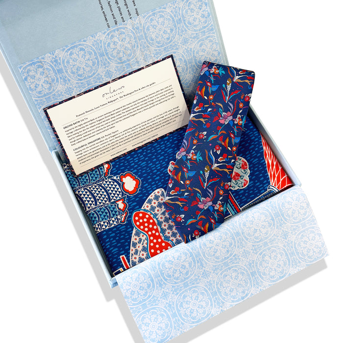 'ORCHID BATIK & COLOURFUL SINGAPORE' Silk Tie & Pocket Square Gift Set